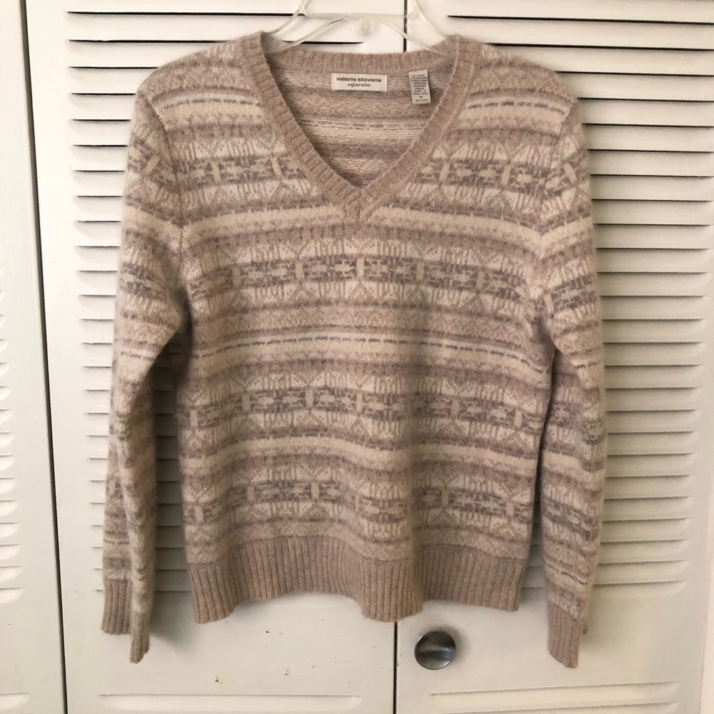 Vintage V-Neck Fair Isle Wool and Angora Sweater in Beige